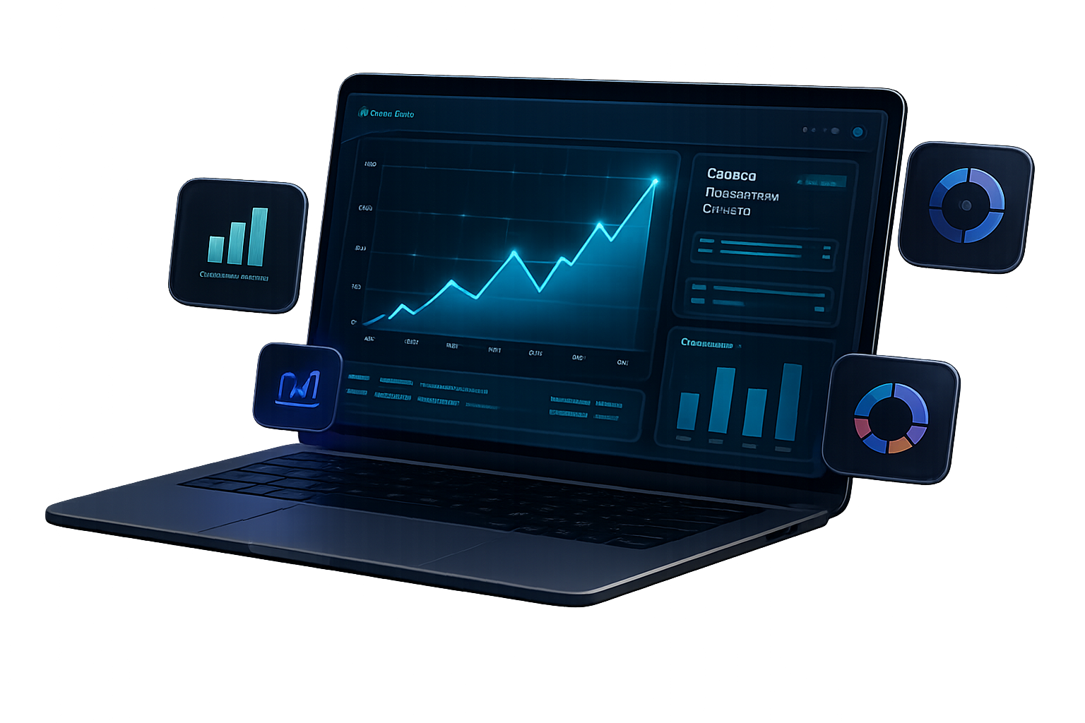 Futuristic Laptop showing digital data analytics and floating glow charts